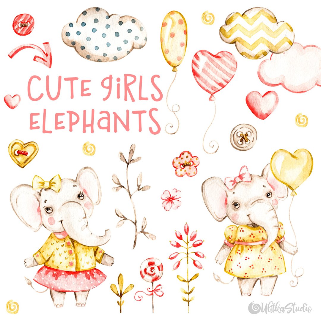 Watercolor cute elephant clipart, hand painted Baby girl nursery Animals - 手工艺教程/工具书 - 其他材质 