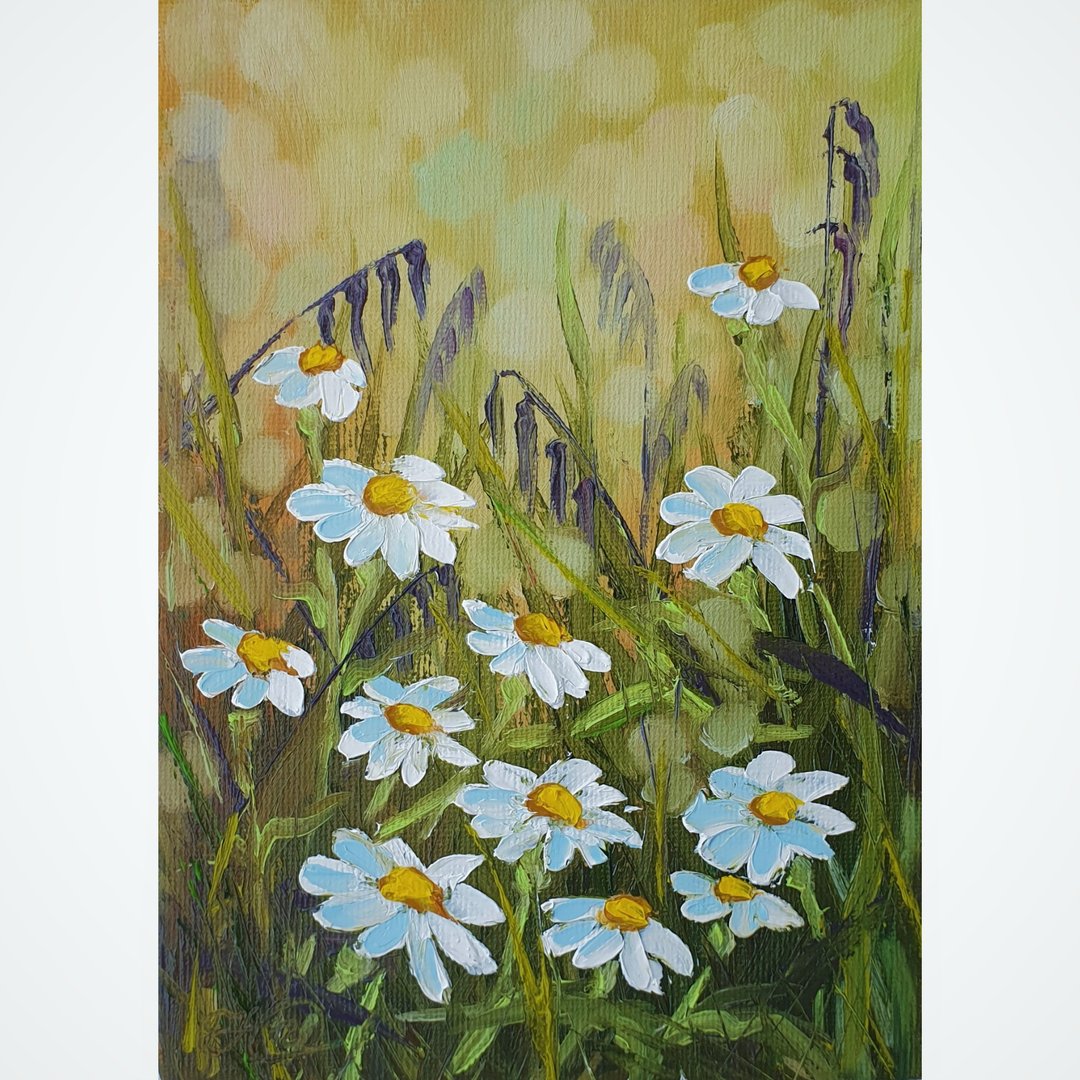 Daisy Painting Flower Original Art Floral Wall Art Wildflower Small Oil Painting - 海报/装饰画/版画 - 其他材质 多色