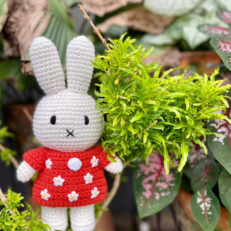 荷兰 Just Dutch | Miffy 米飞兔 编织娃娃和她的红色花朵洋装 - 玩偶/公仔 - 棉．麻 红色