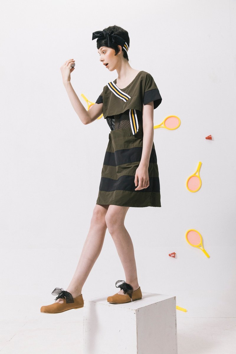 Envol Avec Ning 穿织带分层剪接洋装 - 洋装/连衣裙 - 其他材质 绿色