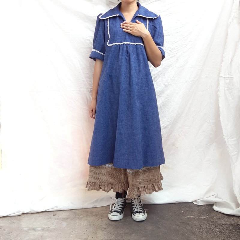 BajuTua /古着/ 70's 美国制 卡通图案大翻领连身裙 - 洋装/连衣裙 - 棉．麻 蓝色