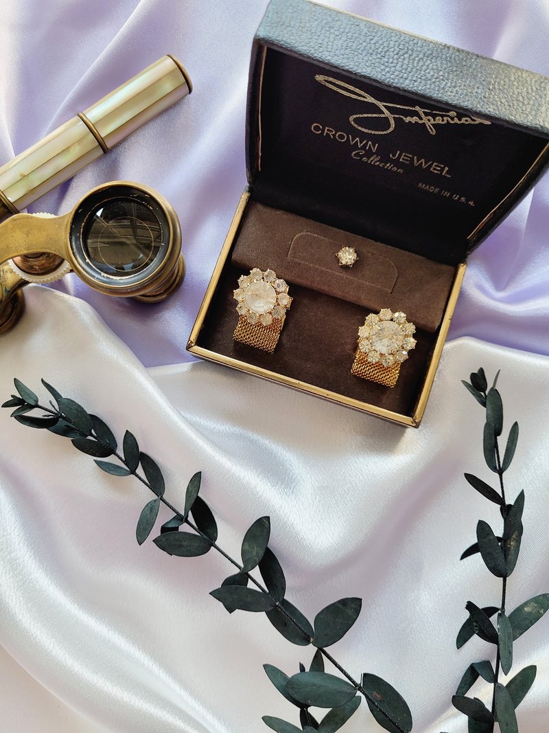 美国西洋古董饰品 / 金色莱茵环绕式袖扣/领带扣/套组Cufflinks - 袖扣 - 其他金属 