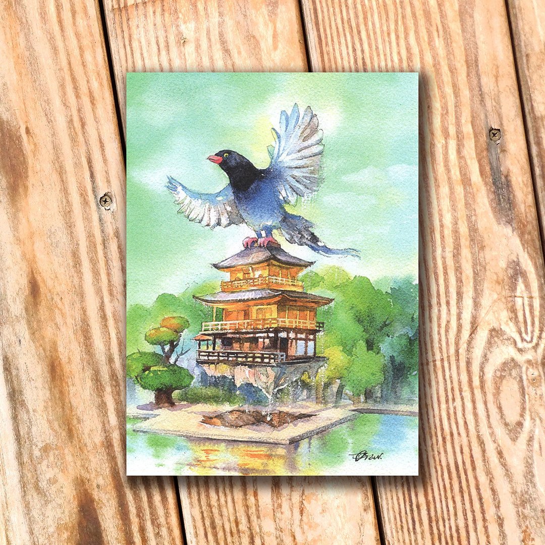 水彩绘毛孩系列明信片 - 鸟游京都藏金阁 - 卡片/明信片 - 纸 多色