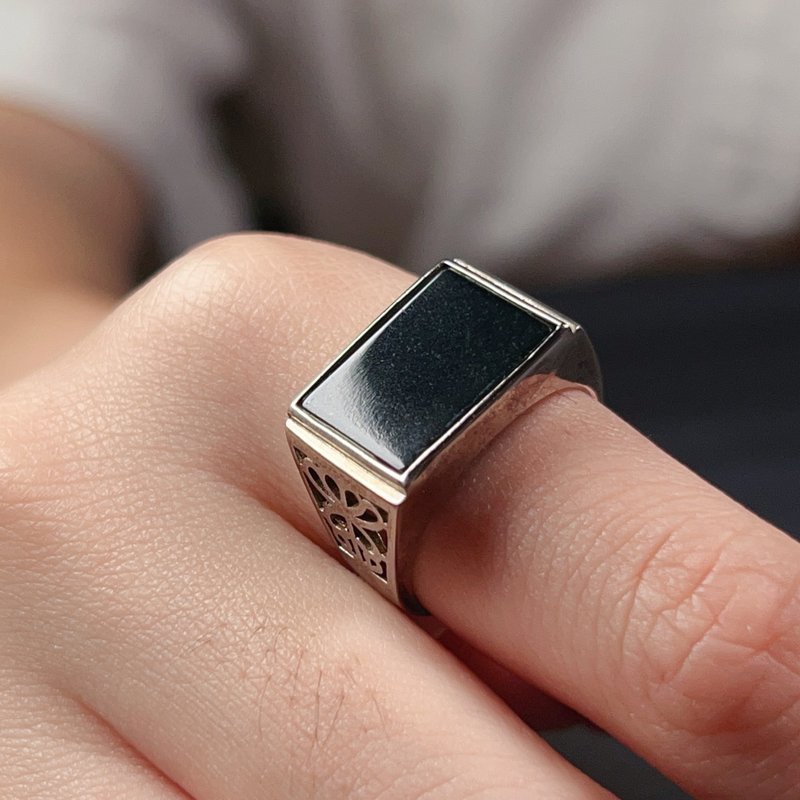 墨翠翡翠无事牌戒指 925纯银 | 天然缅甸玉A货翡翠 | 送礼 - 戒指 - 玉石 黑色