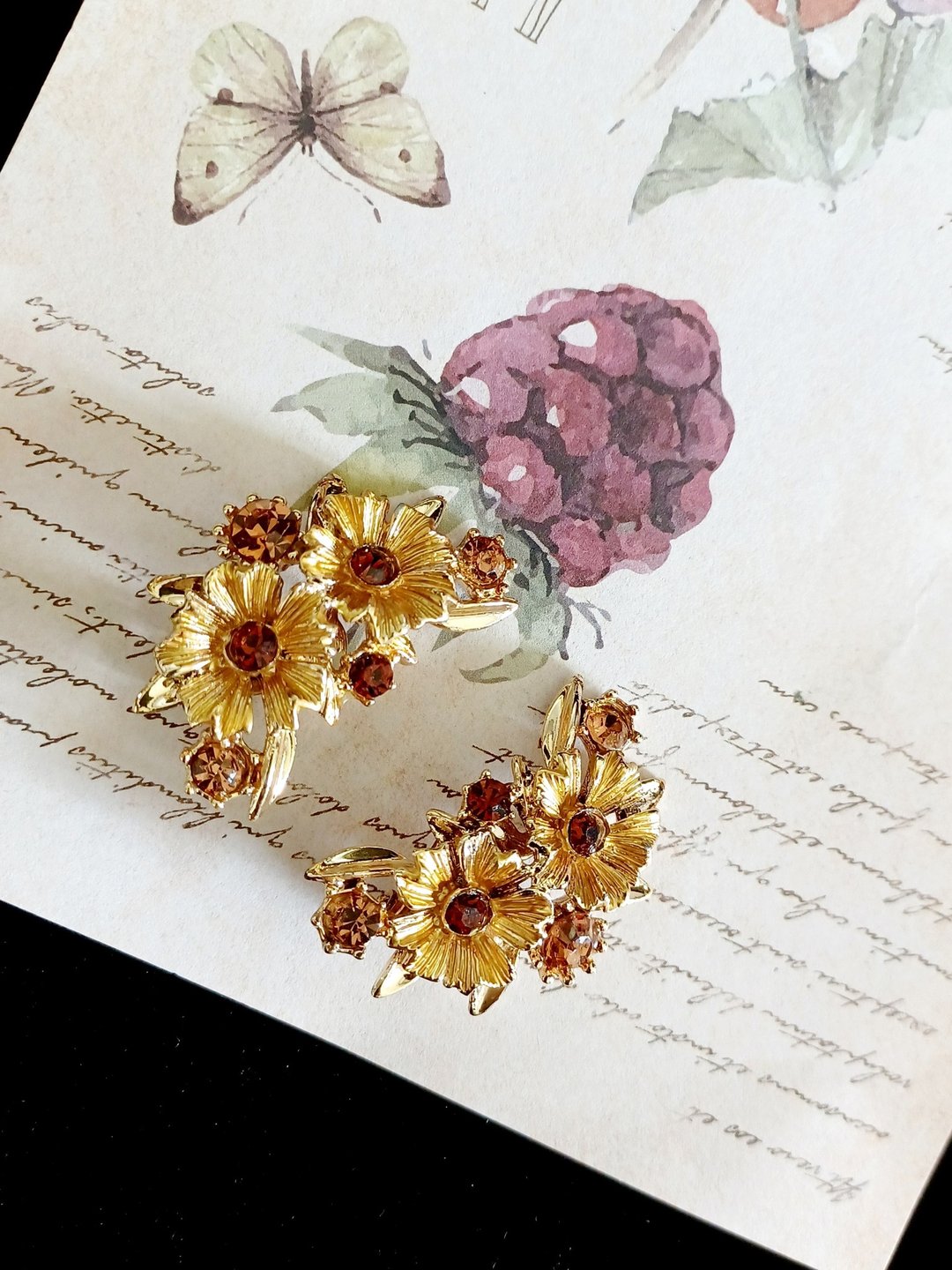 vintage jewelry 高雅繁花绽放莱茵  夹式耳环 - 耳环/耳夹 - 其他金属 