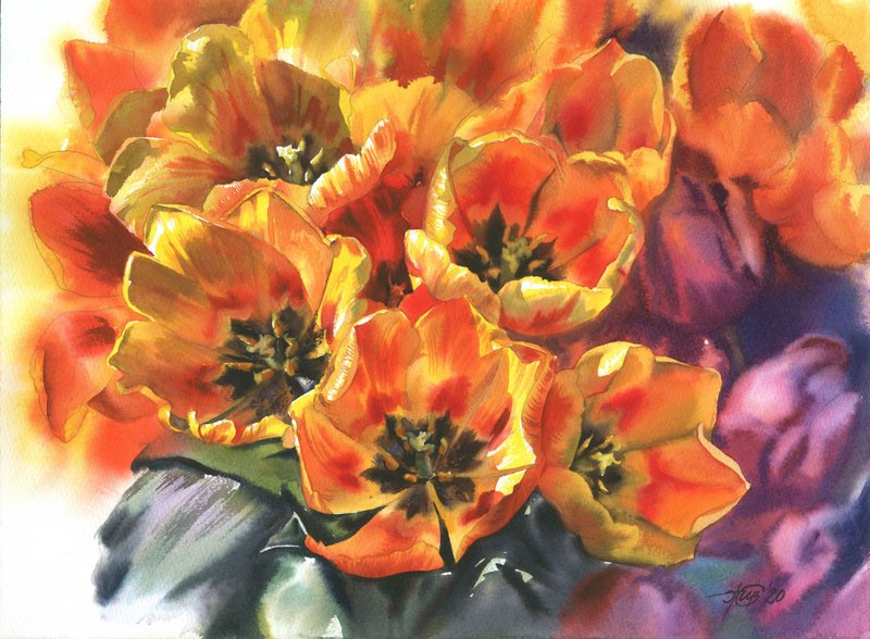 Tulip hand painted watercolor, handmade paintings, wall art, home wall decor - 墙贴/壁贴 - 纸 多色