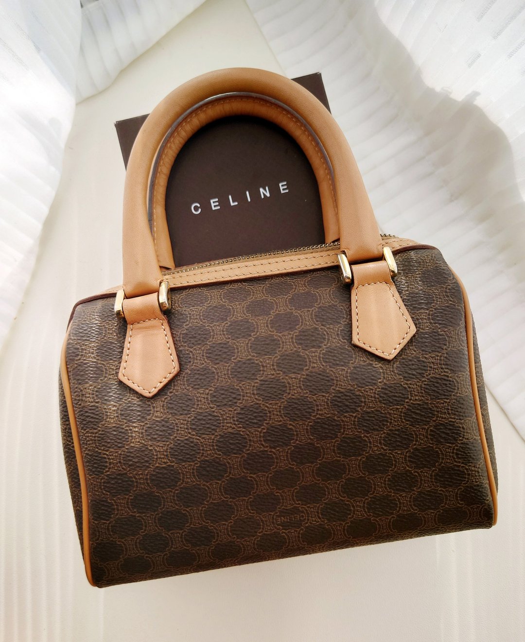 客人预留 CELINE 棕老花 迷你波士顿包 单肩包斜背包斜挎包手拿包 - 侧背包/斜挎包 - 防水材质 咖啡色