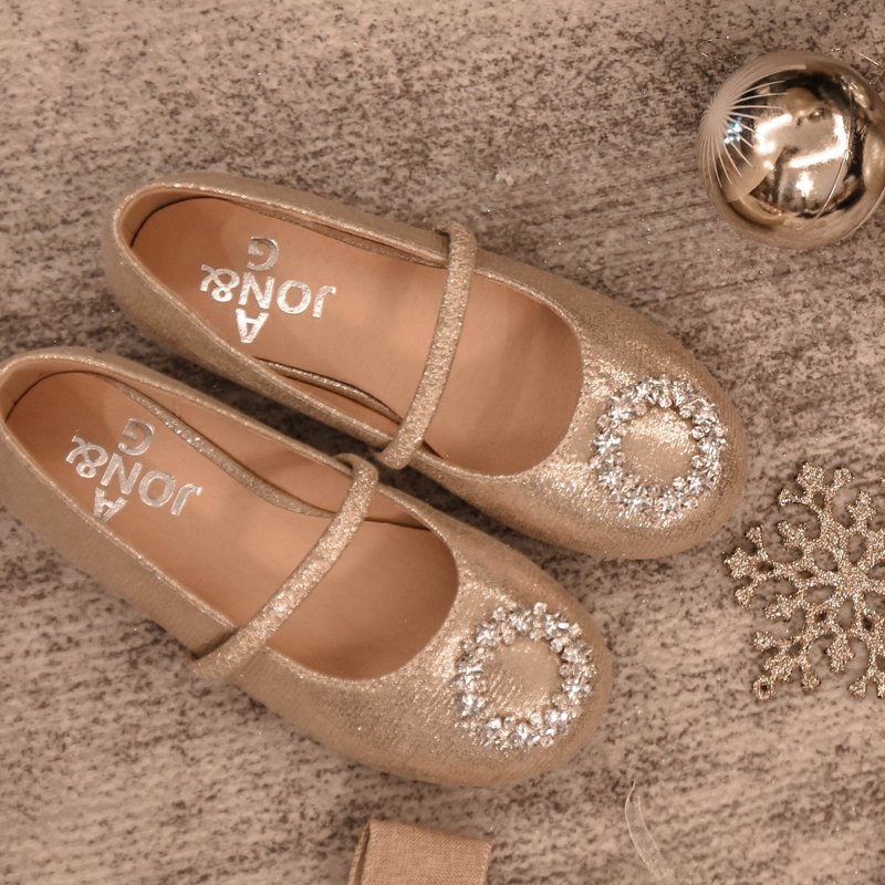 亲子款小童闪亮金葱布绒布时尚大钻石装饰圣诞晚宴气质百搭平底单 - 童装鞋 - 聚酯纤维 金色