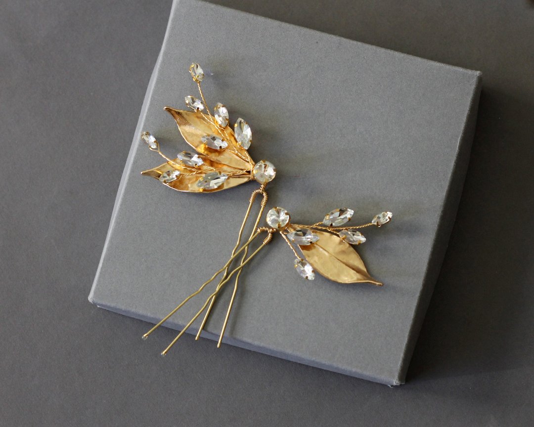 Gold leaves bridal hair pins / Minimal wedding hair accessory / Hair Piece Set - 发饰 - 不锈钢 金色