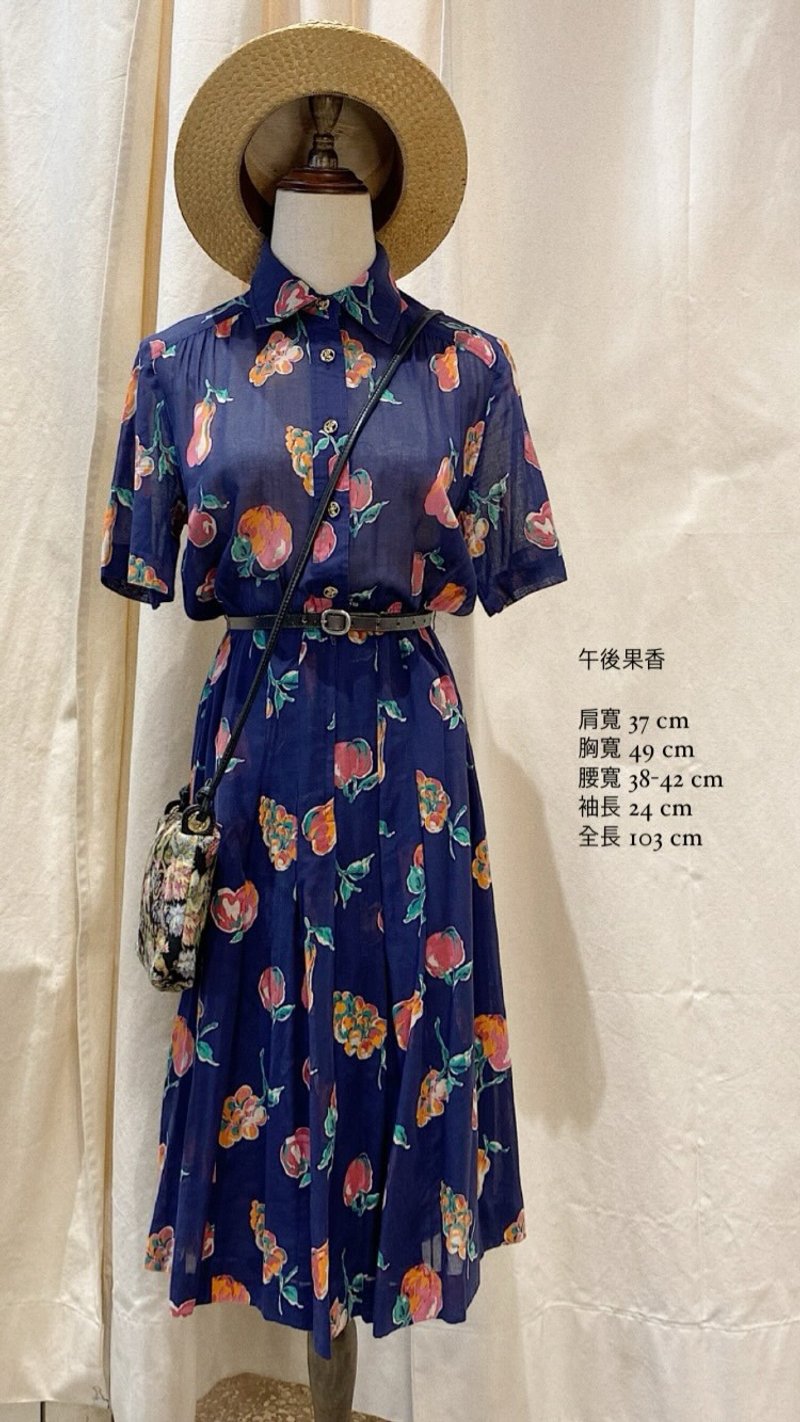 午后果香古着短袖洋装 - 洋装/连衣裙 - 棉．麻 蓝色