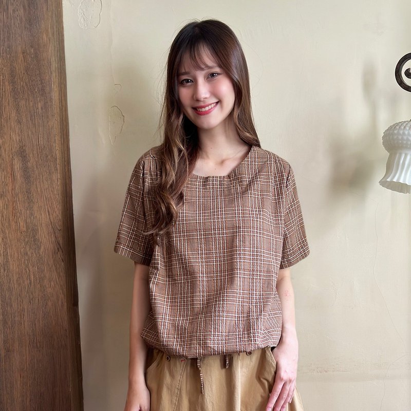Hana Mokuba 线条格纹绑带收口上衣 - 女装上衣 - 其他材质 