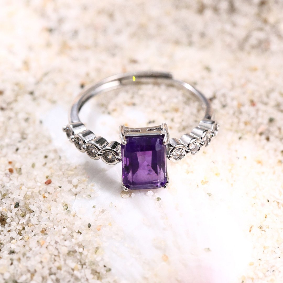天然紫水晶银色简约戒指 6×8mm 1.71ct 可调节 2月诞生石CB030 - 戒指 - 水晶 紫色