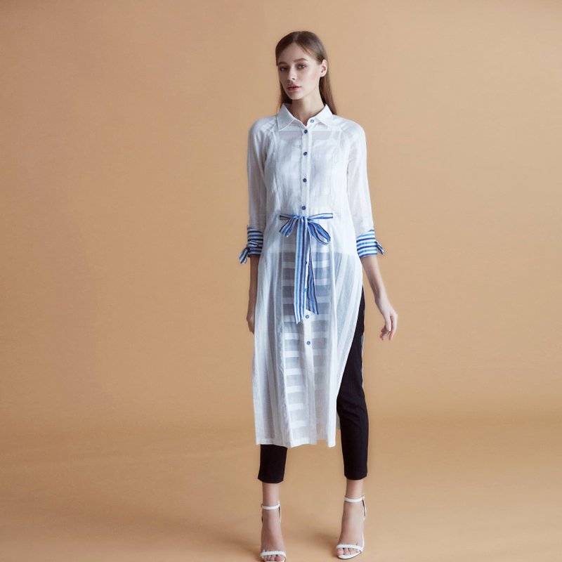 纯白条纹丝棉长版衬衫 - 女装衬衫 - 棉．麻 白色