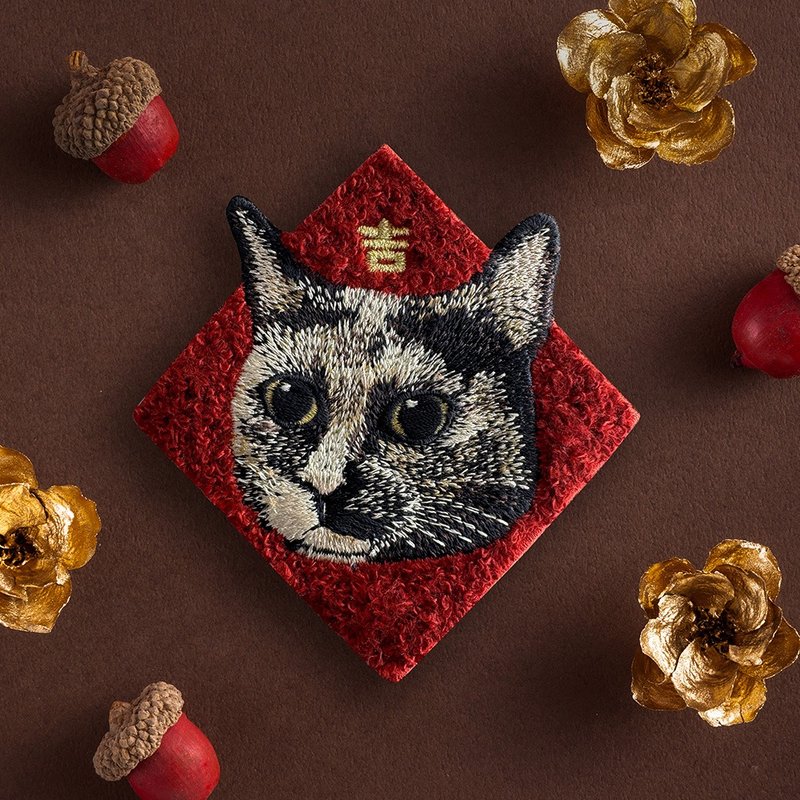 刺绣贴纸 - 春联 - 侧脸玳瑁猫 (C0023) - 红包/春联 - 绣线 红色