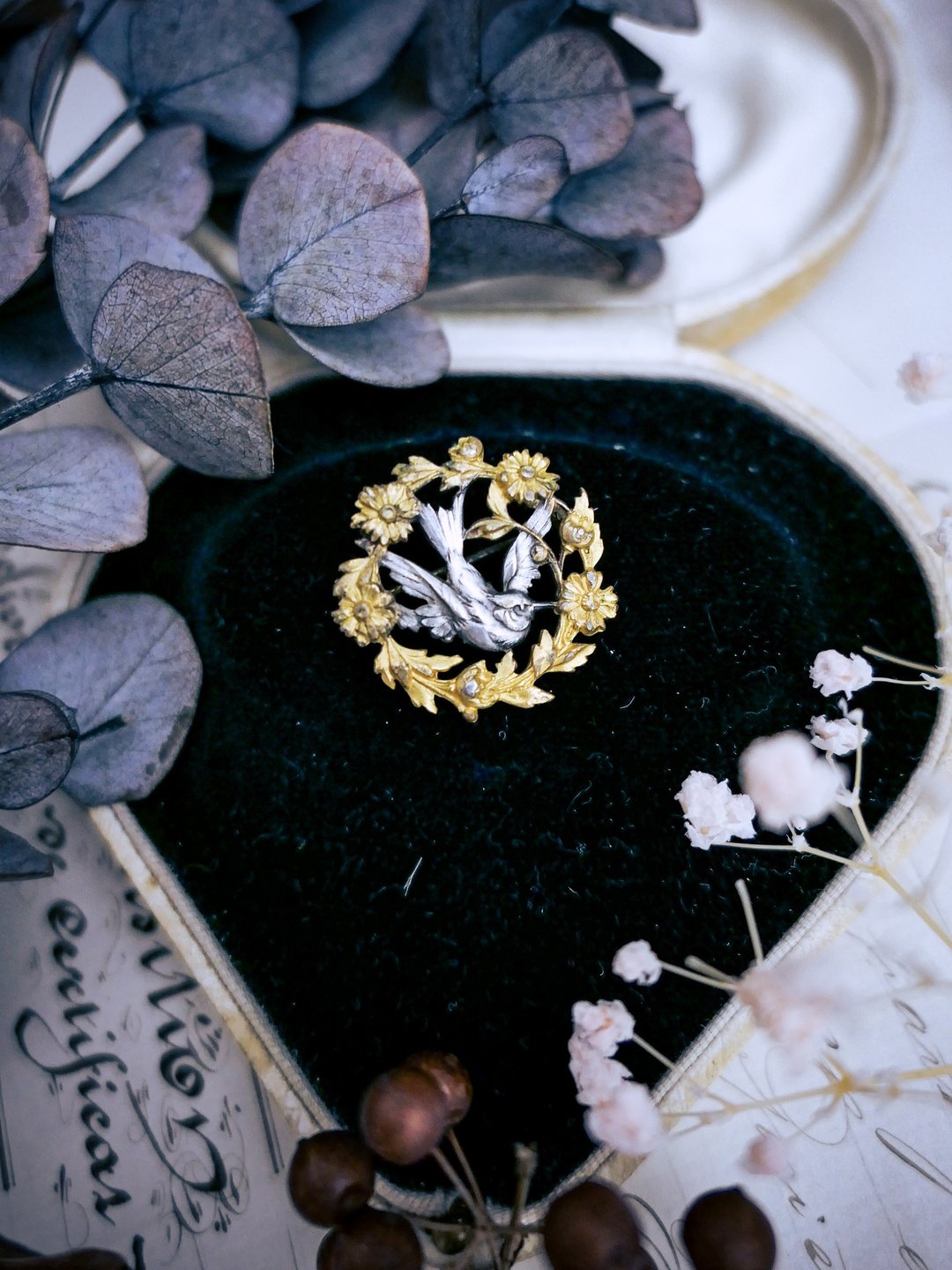 法国花圈与雀鸟金银双色雀鸟胸针—欧洲古董首饰 Vintage Jewelry - 胸针 - 其他金属 