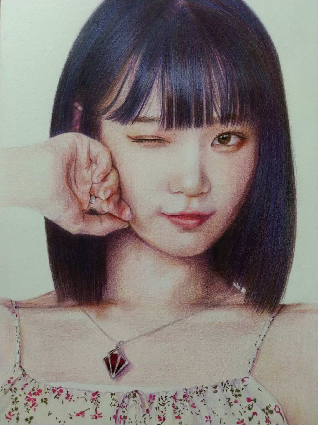 色铅笔画 / 人像画 / 女性半身 +单手 / 含框 - 订制画像 - 纸 