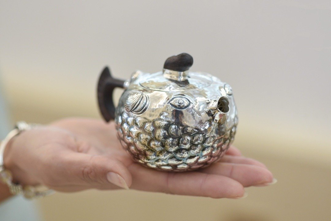 手工纯银河豚鱼泡茶壶 一张口打出 - 茶具/茶杯 - 纯银 银色