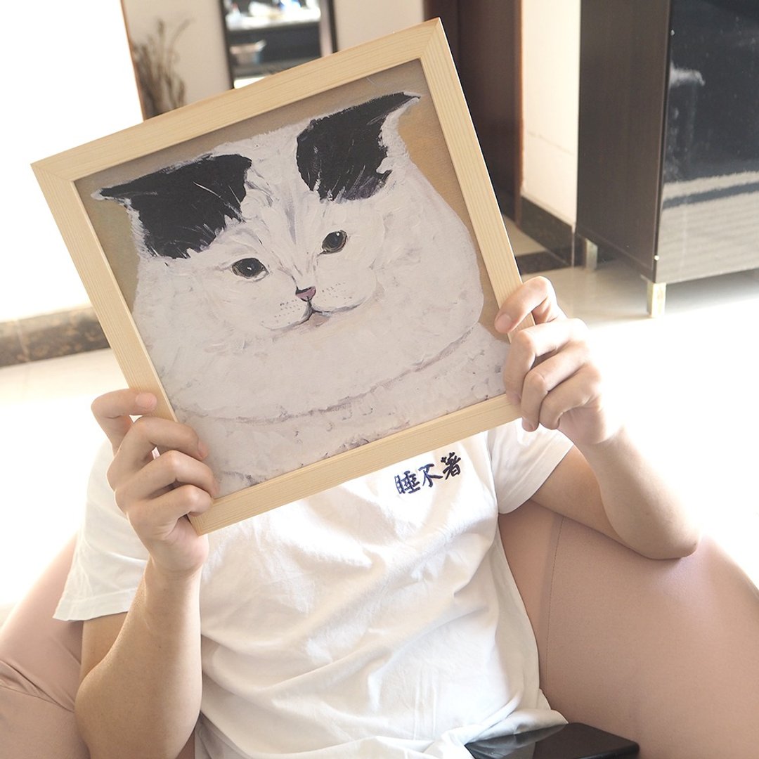 黑色小辫子白白大猫装饰画挂画卧室挂画家居客厅布置猫咪绘图海报 - 海报/装饰画/版画 - 木头 白色
