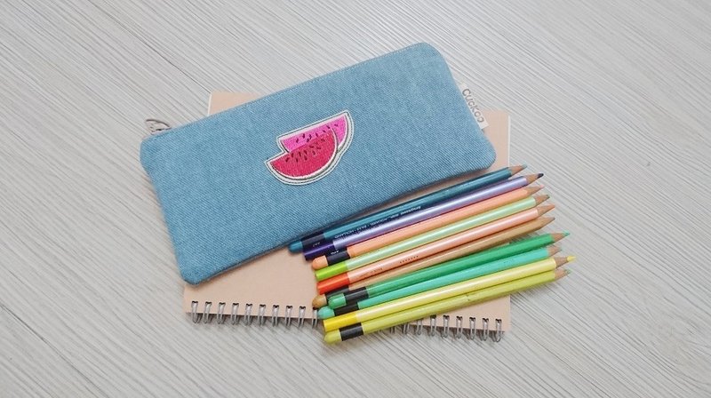 刺绣笔袋 文具 牛仔布笔袋 工具袋 收纳袋 清凉西瓜 - 铅笔盒/笔袋 - 棉．麻 