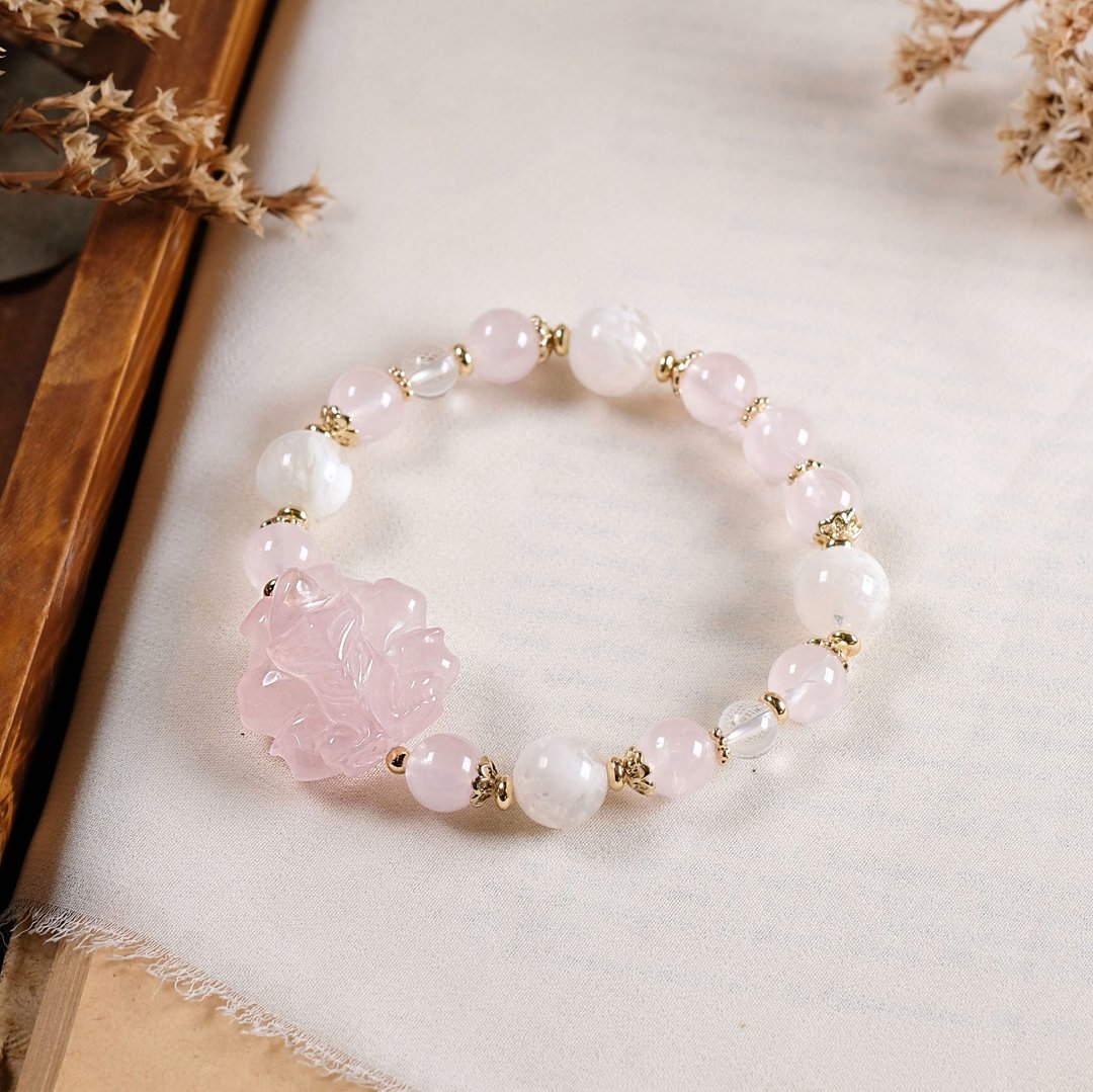 雪花白幽灵 粉晶九尾狐 白水晶 手链 天然矿石水晶 - 手链/手环 - 宝石 粉红色