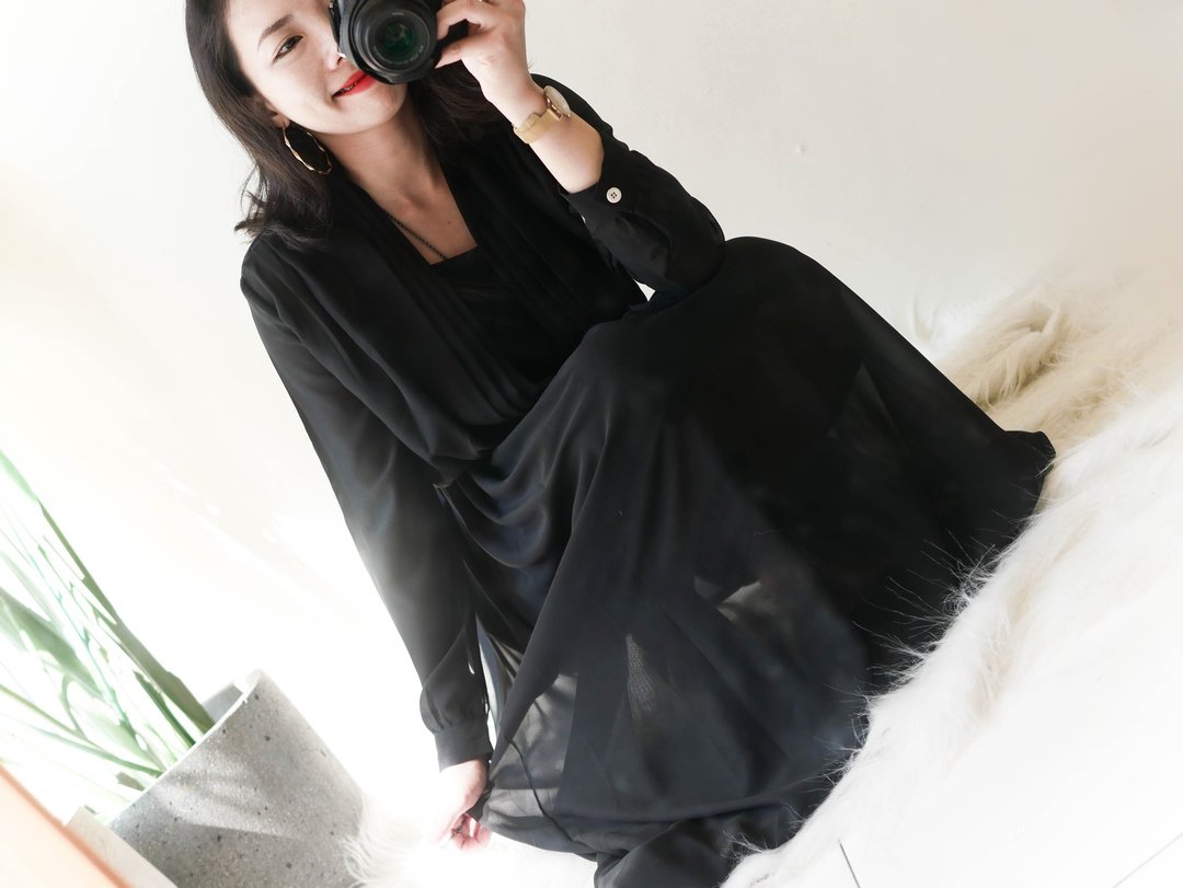 纯黑打褶东方优雅两件式春季少女 古董纺纱质连身洋装长裙 dress - 洋装/连衣裙 - 聚酯纤维 黑色