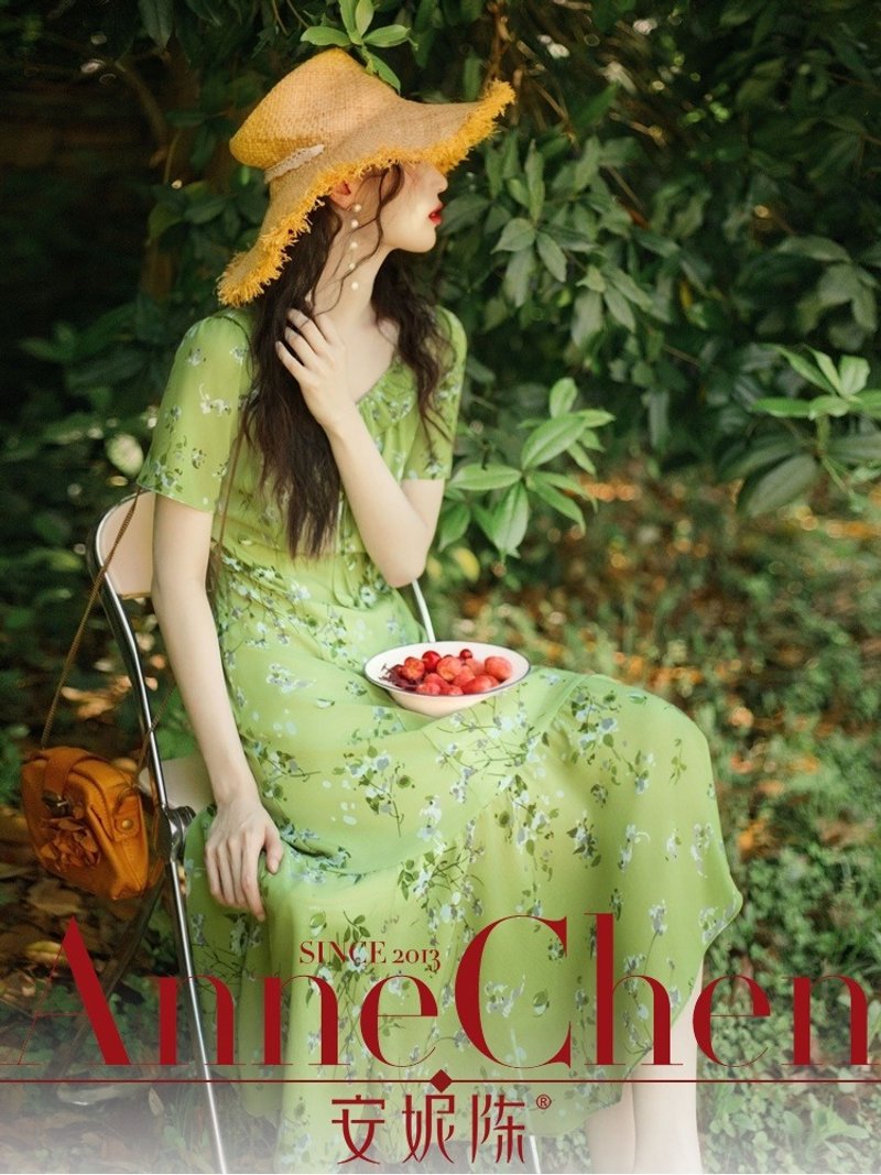 安妮陈绿色碎花洋装 女夏2025新款显白气质 雪纺独特漂亮掐腰洋装 - 洋装/连衣裙 - 其他材质 绿色