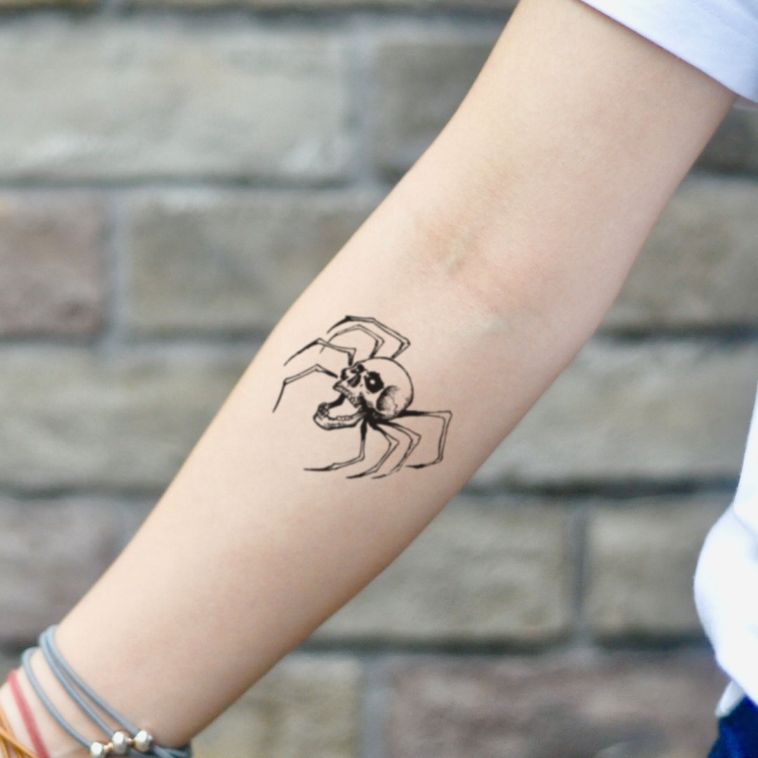 OhMyTat 蜘蛛头骨 Spider Skull 刺青图案纹身贴纸 (2 张) - 纹身贴 - 纸 黑色