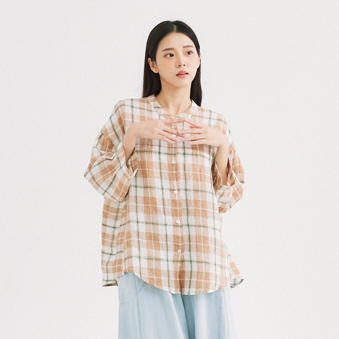 【Simply Yours】格子亚麻衬衫 橘咖F - 女装衬衫 - 棉 卡其色