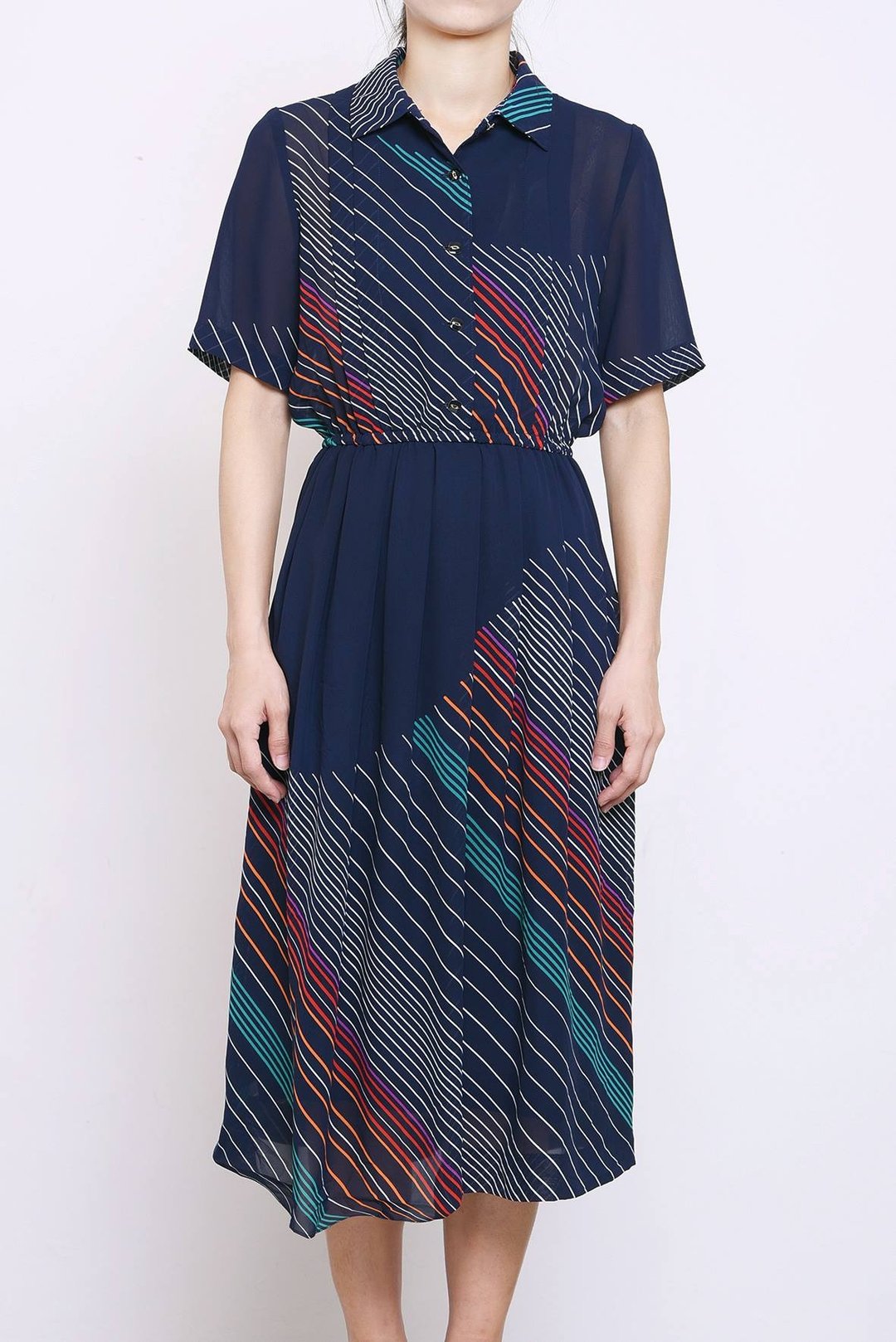 Vintage dress 蓝色白条纹 日本古着洋装 - 洋装/连衣裙 - 聚酯纤维 蓝色