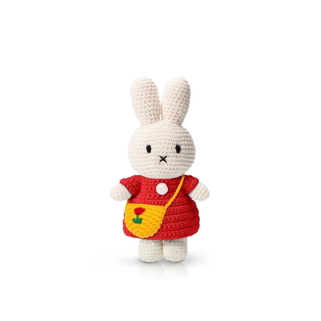 荷兰Miffy米飞兔【miffy红洋装+郁金香斜背包】手工编织钩针玩偶 - 玩偶/公仔 - 棉．麻 红色