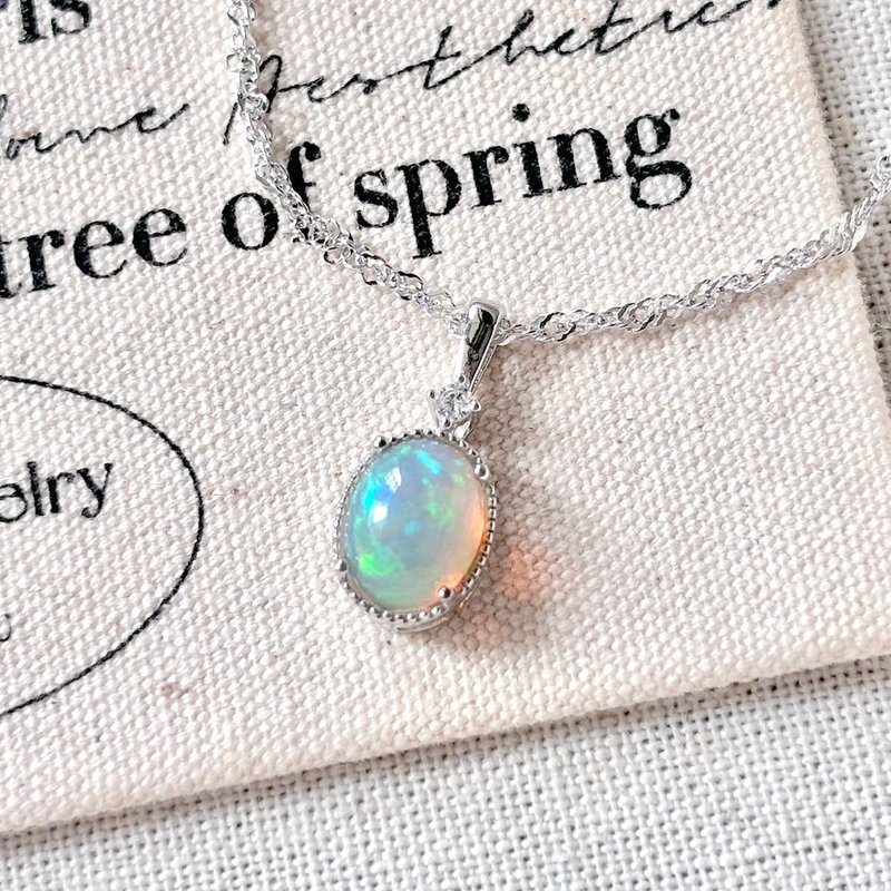 高等级-大颗幻彩8x10mm欧泊蛋白石纯银项链~彩色点点 - 项链 - 水晶 多色