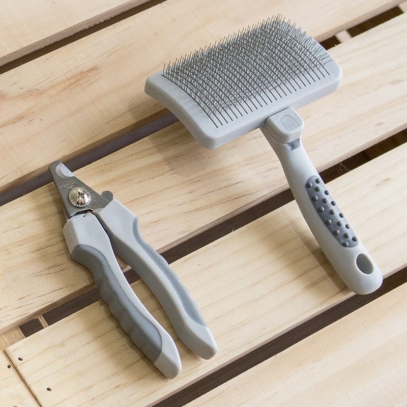 奥本日常梳剪组 超方便伸缩针梳+宠物安全指甲剪(猫狗适用) - 清洁/美容 - 不锈钢 灰色