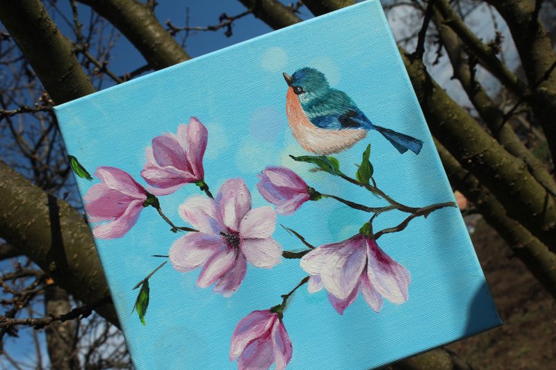 帆布鸟和玉兰花墙饰原创丙烯画 - 墙贴/壁贴 - 棉．麻 多色