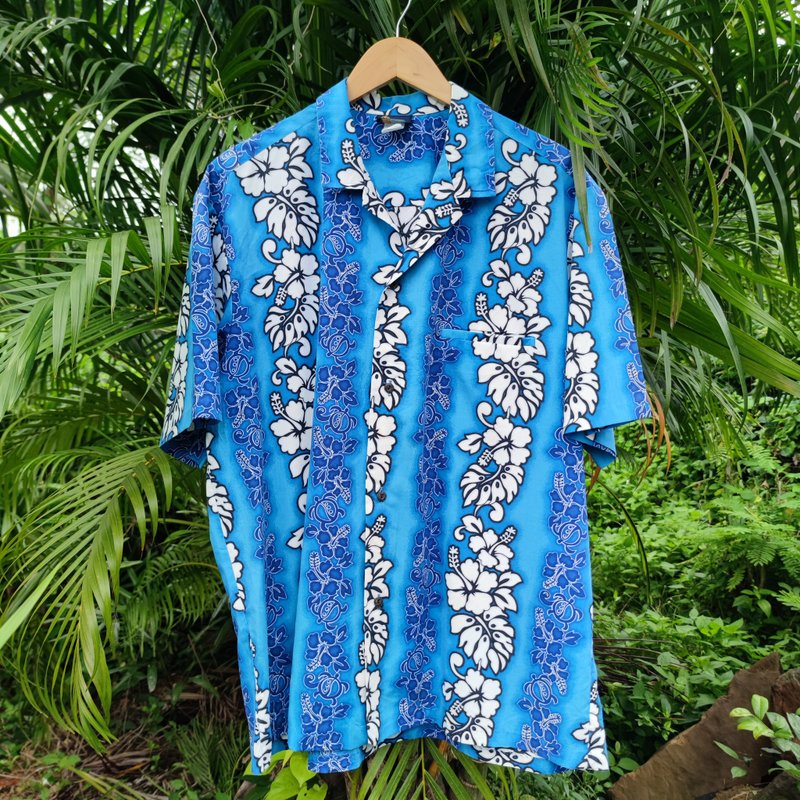 Royal Creations 复古夏威夷衬衫 蓝白印花 Aloha Shirt - 男装衬衫 - 棉．麻 蓝色