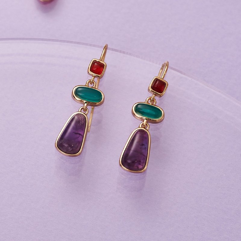 古韵典雅宝石耳环 (紫晶/红绿玛瑙) - 耳环/耳夹 - 半宝石 紫色