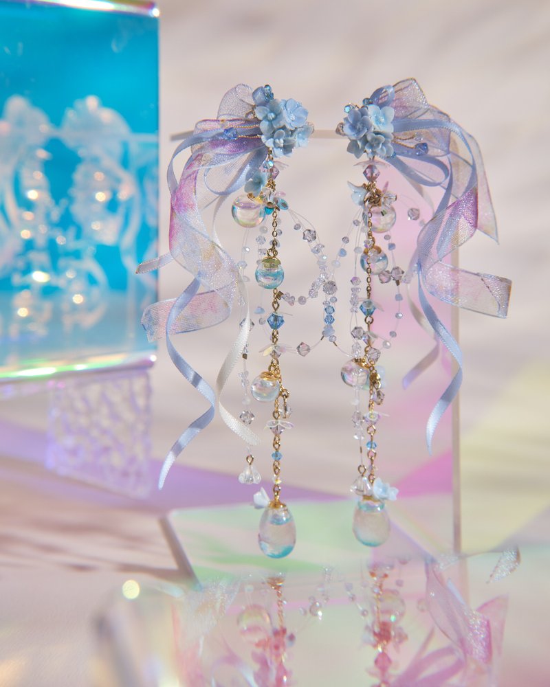 洌 - 彩带凤凰水球长耳环 - 耳环/耳夹 - 粘土 蓝色