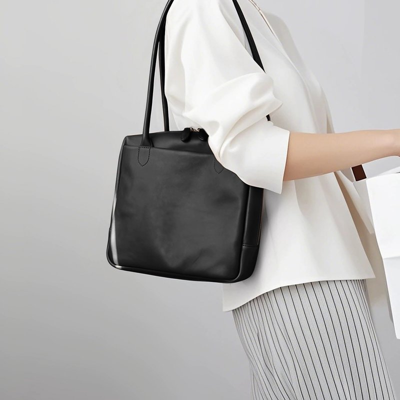 软皮 托特包日式手工方包黑色 休闲女包多功能手提 大号 - 手提包/手提袋 - 真皮 黑色