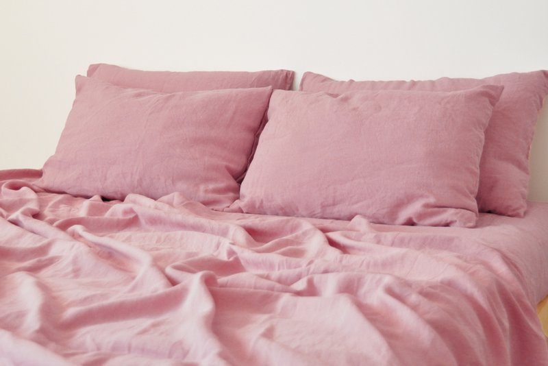 Rose pink linen sheet set / Flat+fitted sheet+2 pillowcases / Pink bedding - 寝具 - 亚麻 粉红色