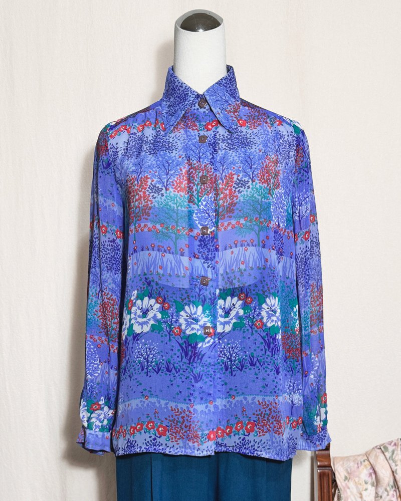 蓝紫色花朵雪纺长袖古着衬衫/ 国外带回 VINTAGE - 女装衬衫 - 聚酯纤维 多色