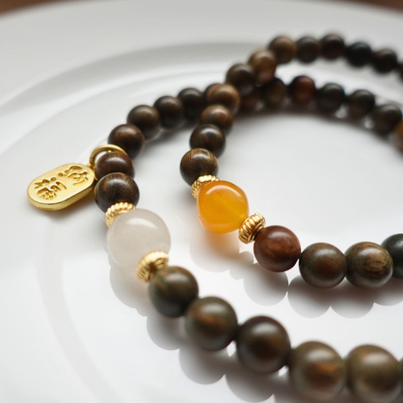 沉静之美 绿檀芬芳 玉石温润 双圈设计 带来富贵与平静 手链手串 - 手链/手环 - 木头 卡其色