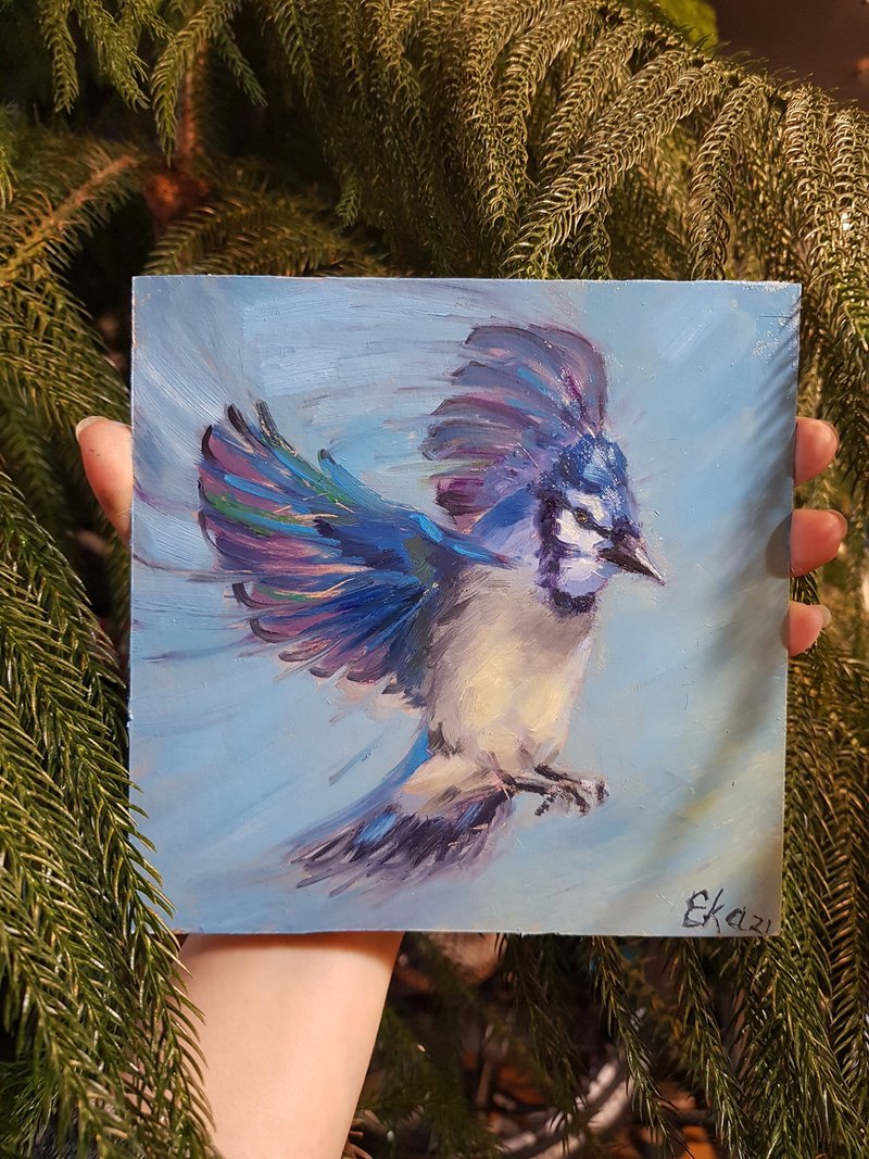 Blue Jay Painting Flying Bird Original Art Animal Oil Painting Woodland Animal - 墙贴/壁贴 - 其他材质 蓝色