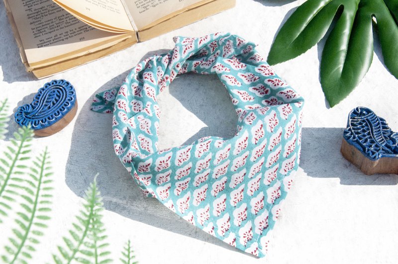 印度手工木刻印方巾 头巾 植物染纯棉布 手帕 茶巾领巾手拭巾-花 - 手帕/方巾 - 棉．麻 多色