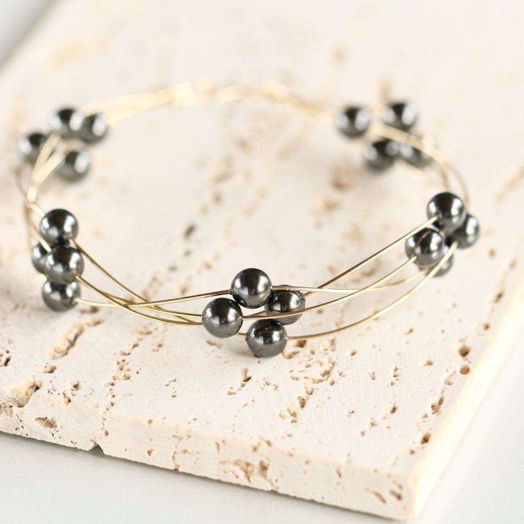 [Made-to-order] UTAKATA Silver Black 14kgf Swarovski Pearl Bangle - 手链/手环 - 贵金属 黑色