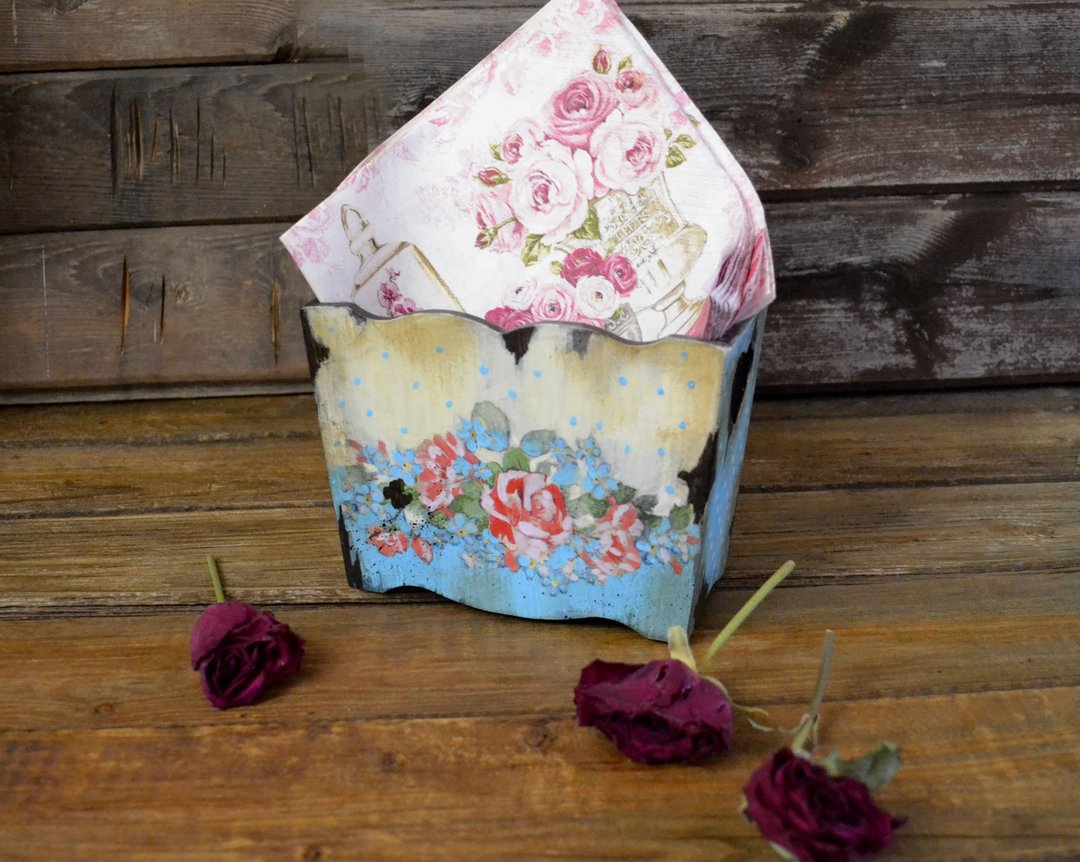 stand for napkins, wood storage box, Shabby chic home decor,  storage box - 收纳用品 - 木头 蓝色
