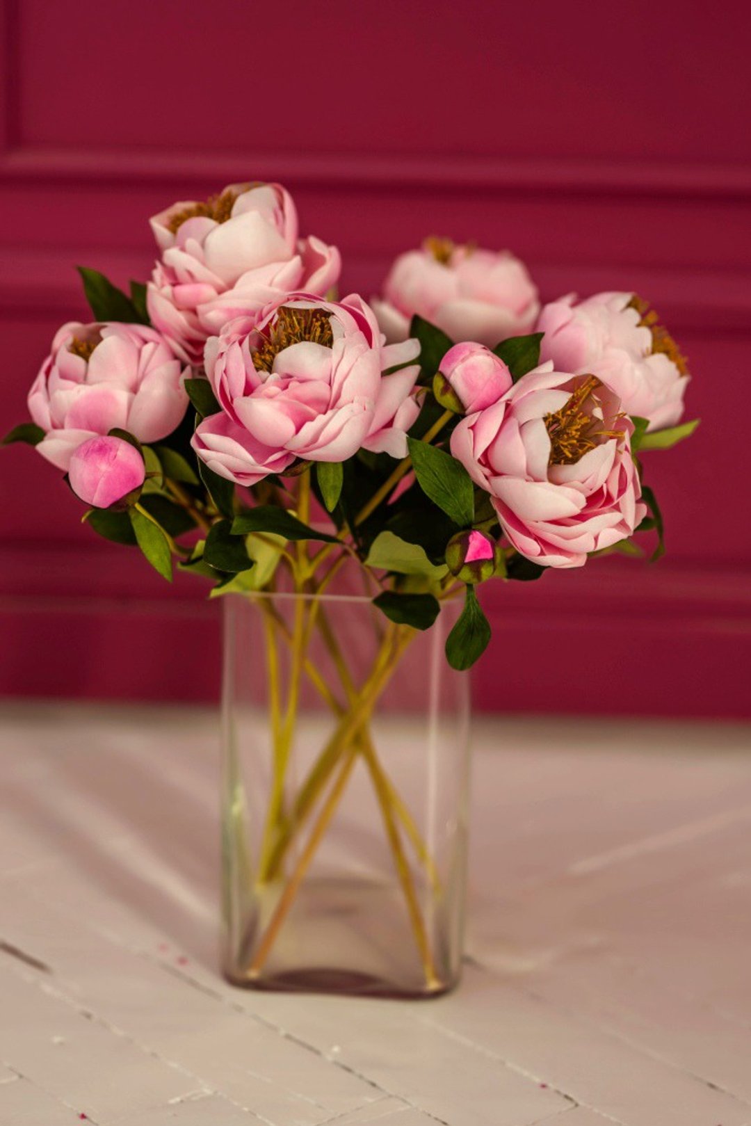 Artificial peony centerpiece, Clay peony bouquet, Faux pink flower, Gift for Her - 干燥花/捧花 - 塑料 粉红色
