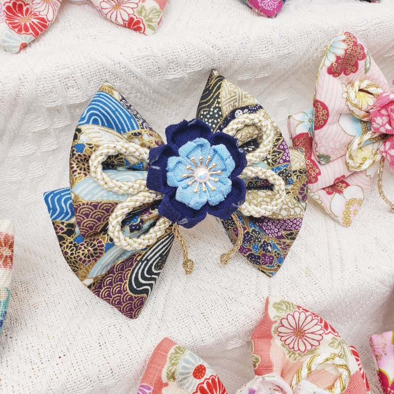 烫金海浪纹双层樱花蝴蝶结颈带 - 项圈/牵绳 - 棉．麻 蓝色