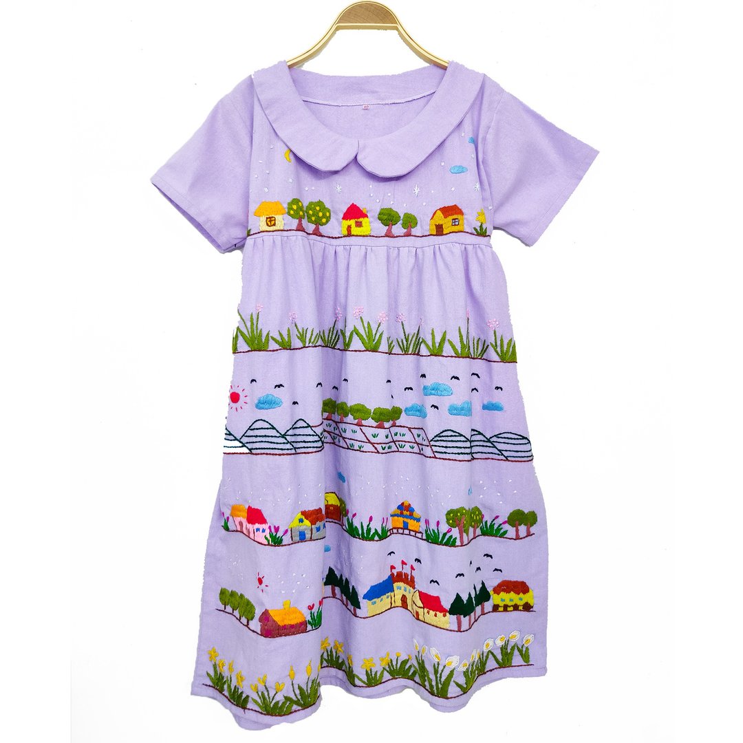 Custom Order | No.STA0197 A-line dress, short sleeves, thick cotton, 100% hand Embroidery thread, community pattern. - 洋装/连衣裙 - 绣线 紫色