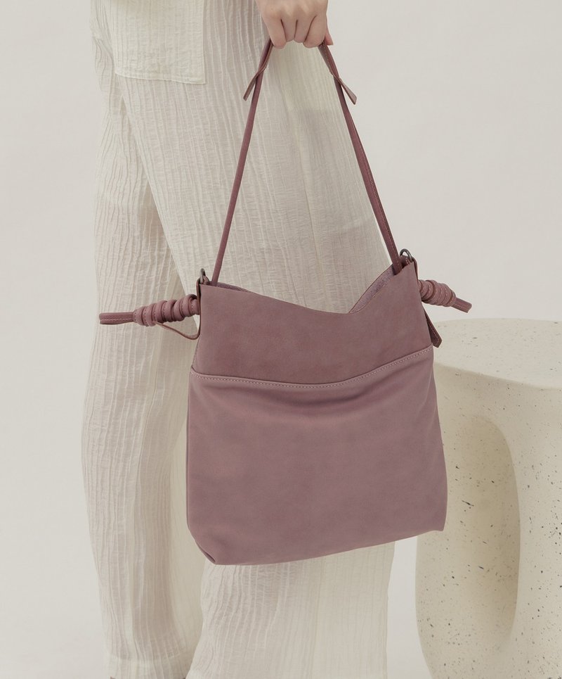 绑结设计廓型结构真皮手提肩斜背3用托特包 藕粉色 - 侧背包/斜挎包 - 真皮 