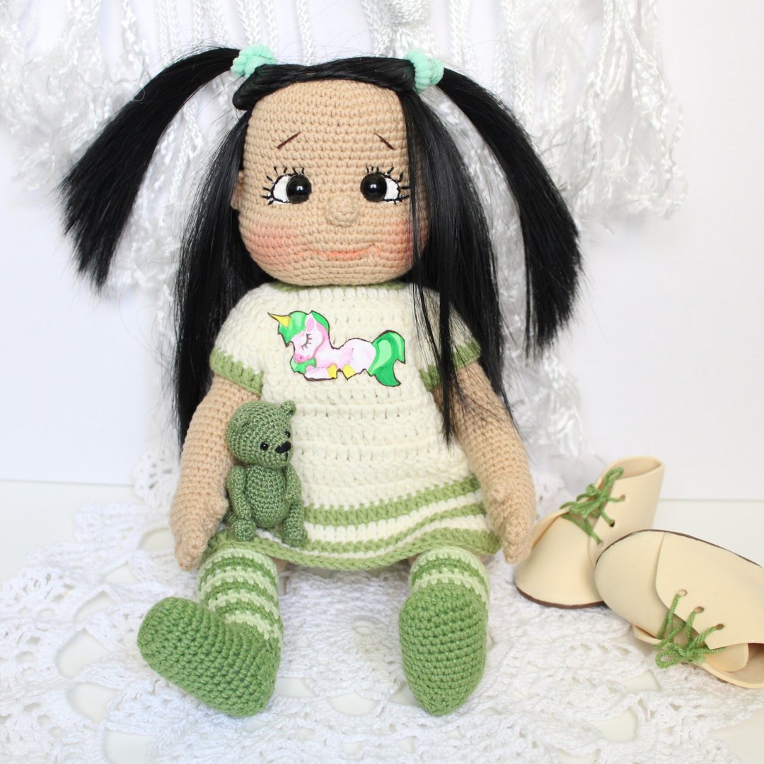 Crocheted doll gift for girl Amigurumi doll black hair doll detachable dress - 玩偶/公仔 - 其他材质 多色