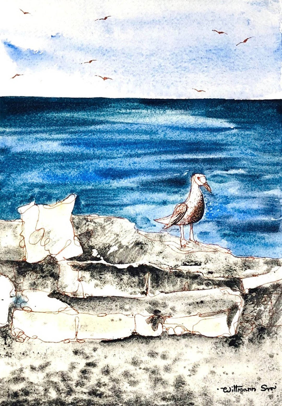 Seagull Painting Bird Original Art Nautical Home Wall Decor 8 by 12 in - 墙贴/壁贴 - 纸 蓝色